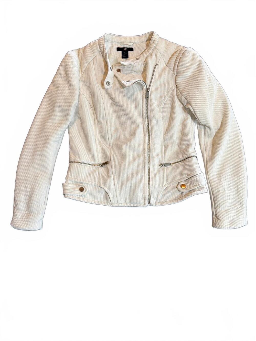 H&M White Waffle Quilted Moto Jacket with Zip and Snap Detail Women's Size 10